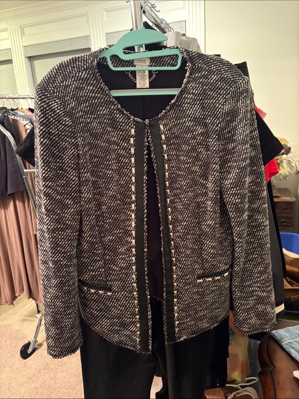 Cache Black and White Tweed Open-Front Blazer